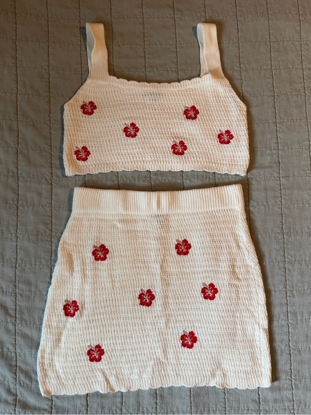 Knit matching set with red foral embroidery
